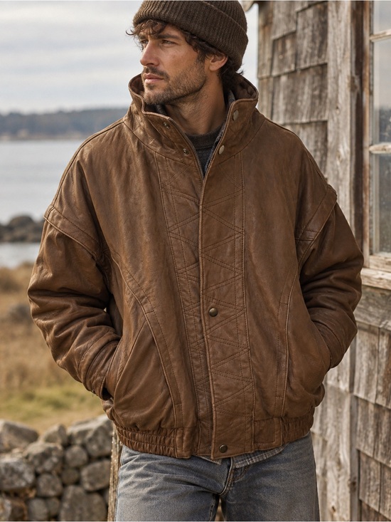 Adventure Abound Other - Men's Brown Leather Bomber Jacket - Rugged Quilted Panel Design